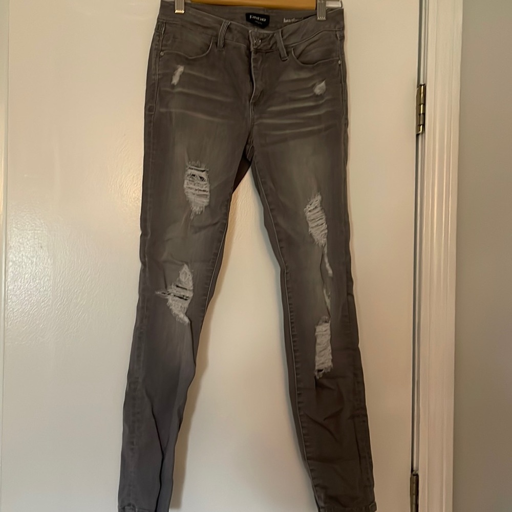 Bebe, grey wash distressed jeans, size 28